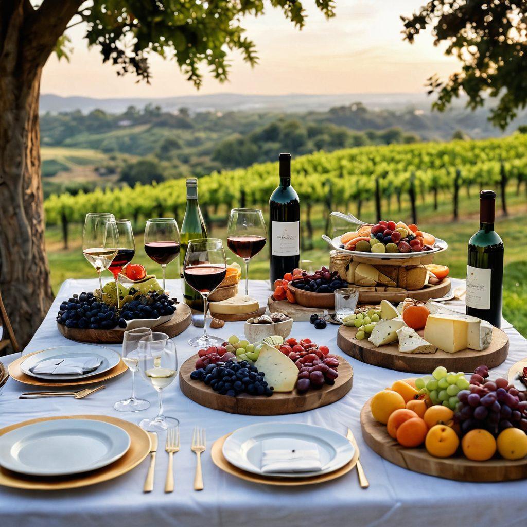 A beautifully arranged table featuring a variety of wine bottles elegantly surrounded by gourmet dishes, such as cheese platters, fruits, and desserts. Soft candlelight adds warmth, while a cheerful gathering of friends raises glasses in celebration. Lush vineyard scenery can be seen in the background, giving an idyllic summer vibe. Capture the essence of joy and indulgence. super-realistic. vibrant colors.