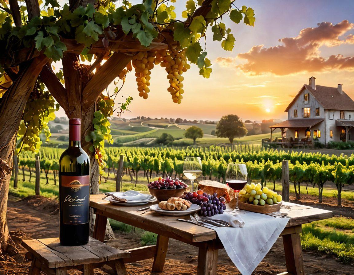A beautiful vineyard at sunset with ripe grapes hanging from the vines, a rustic wooden table set for an elegant meal featuring a gourmet dish paired with a glass of wine. In the background, a picturesque farmhouse complements the scene. Include elements like fresh herbs and artisanal bread to enhance the culinary theme. vibrant colors. super-realistic.